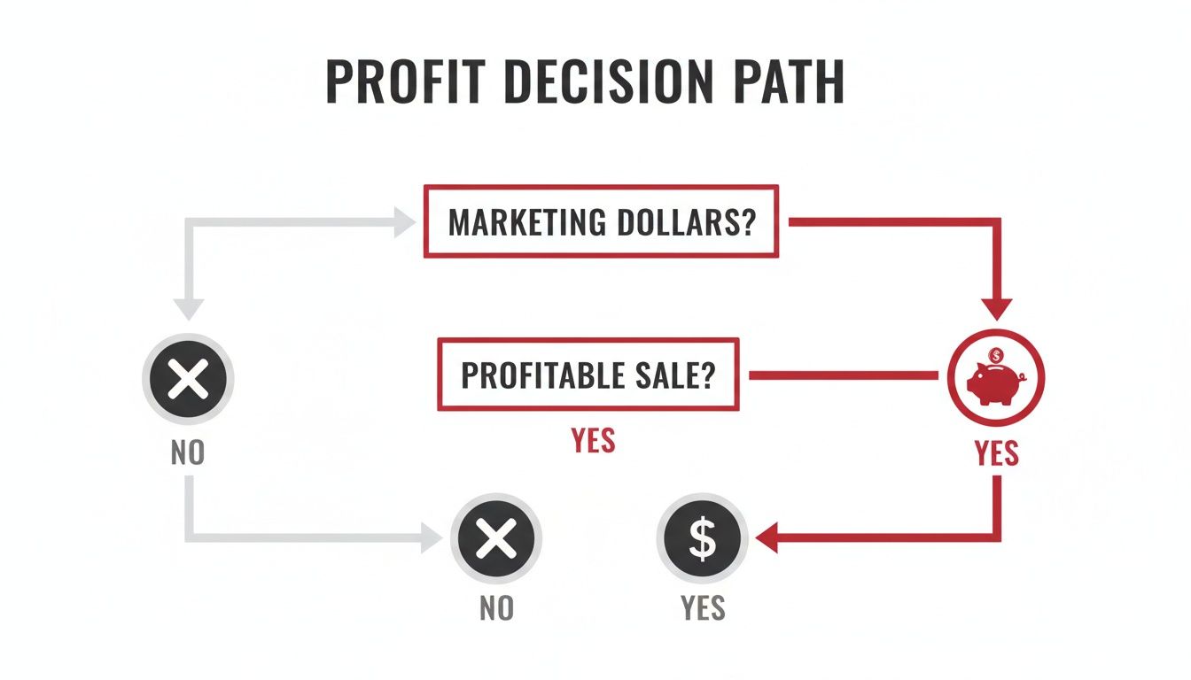 Profit decision path flowchart showing how marketing dollars and profitable sales lead to profit or loss.