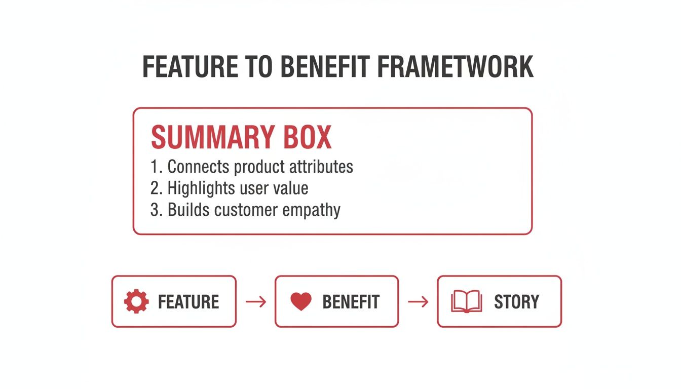 A diagram outlining the Feature to Benefit Framework, including a summary box and a flow from Feature to Benefit to Story.