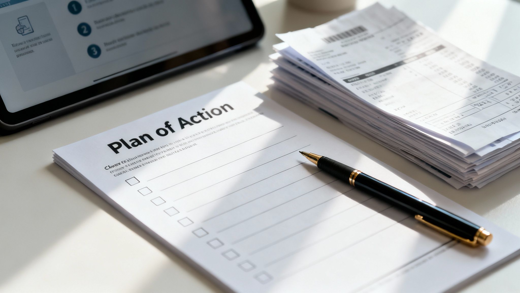 A 'Plan of Action' checklist, pen, and documents on a desk, next to a tablet.