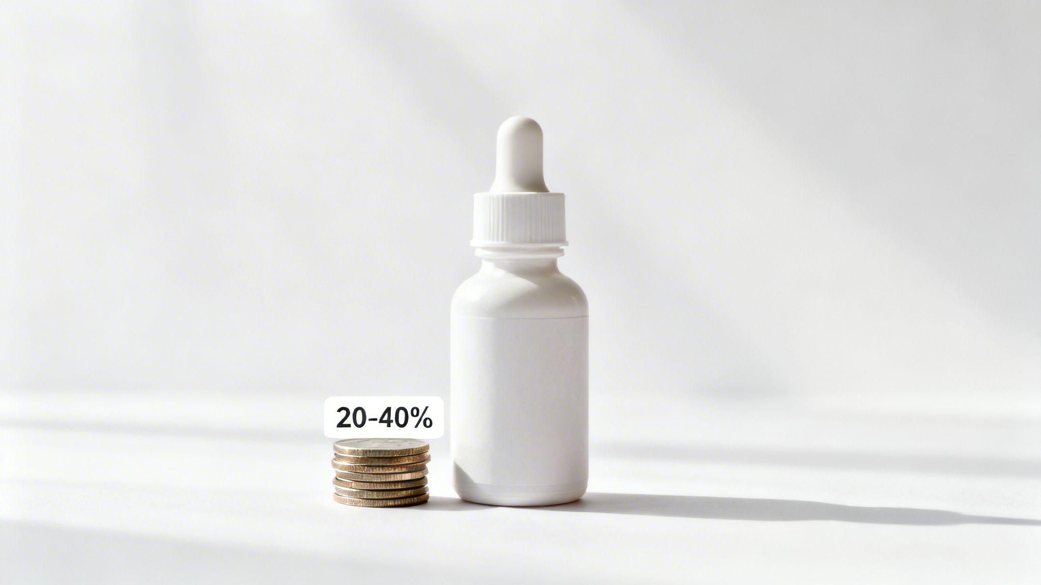 A white dropper bottle stands next to a stack of coins with a '20-40%' discount label, symbolizing savings.