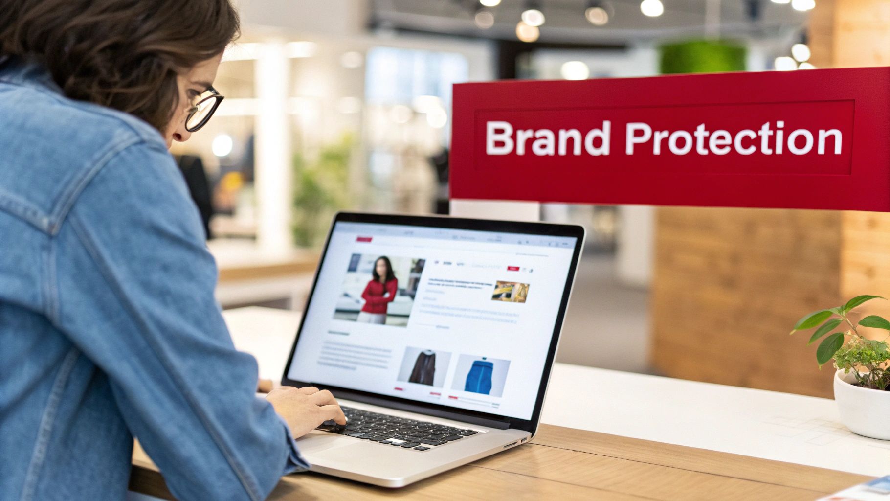 Professional woman working on laptop reviewing Amazon Brand Protection program for e-commerce sellers