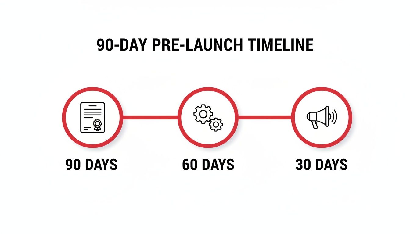 A visual timeline illustrating a 90-day pre-launch strategy with steps for 90, 60, and 30 days.