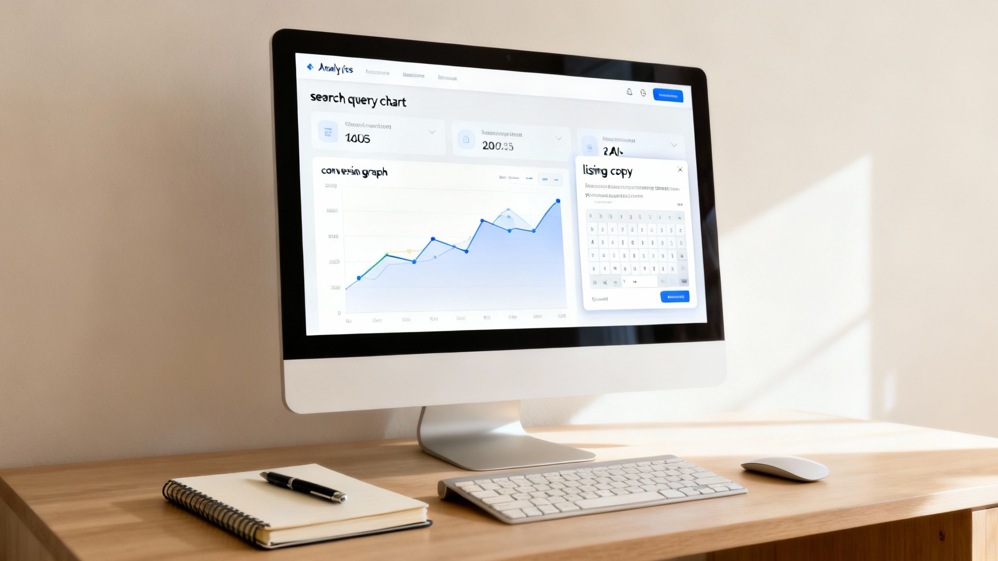 A computer screen shows an analytics dashboard with search query charts, conversion graphs, and a listing copy editor.