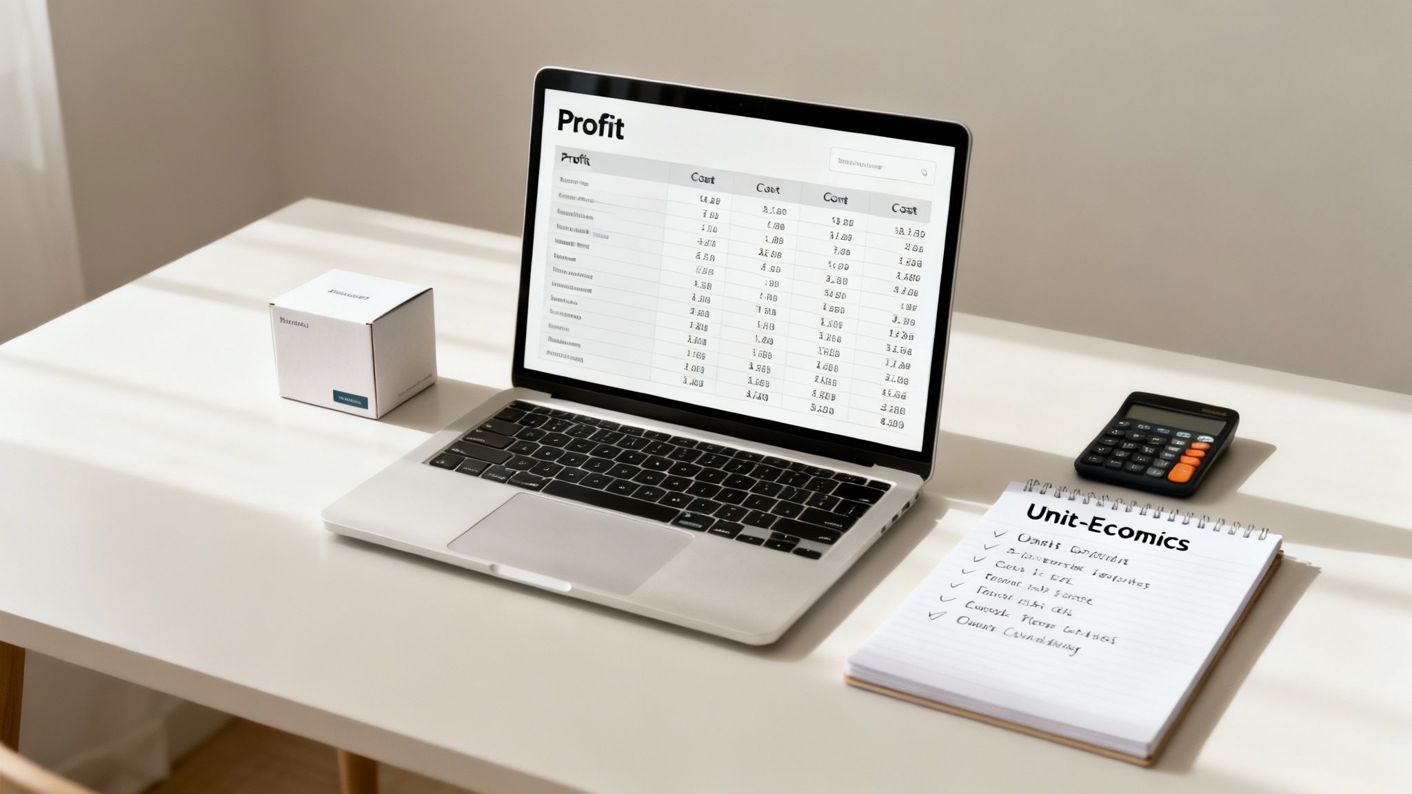 A laptop showing a profit spreadsheet, a calculator, and a 'Unit-Ecomics' notebook on a desk.