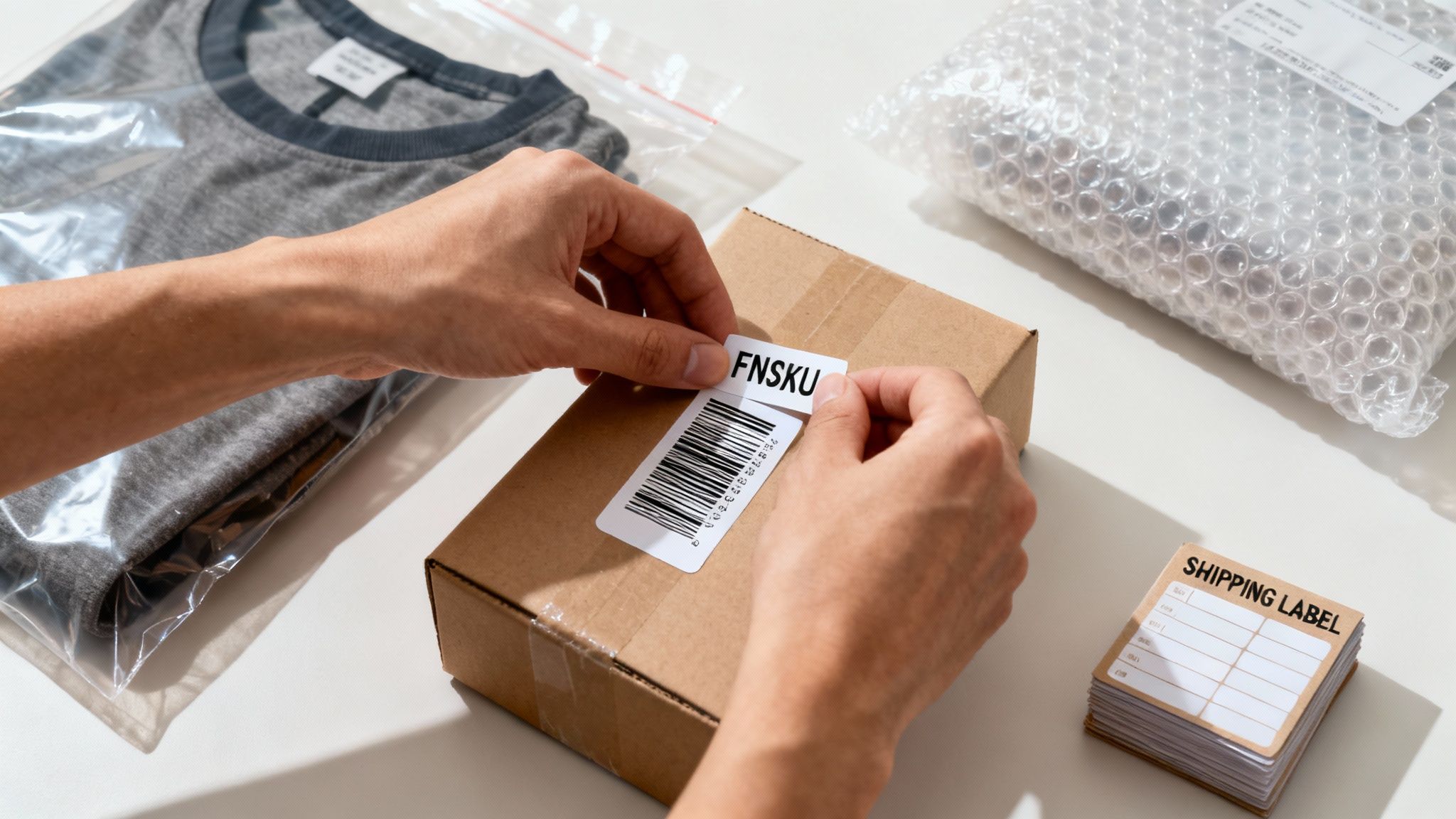 Hands applying an FNSKU barcode label to a brown cardboard box for Amazon FBA shipping.