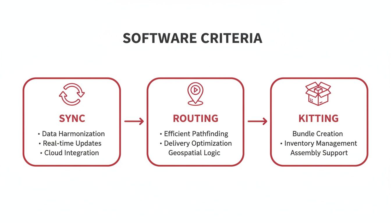 Software criteria diagram showing sync, routing, and kitting features for efficient operations.