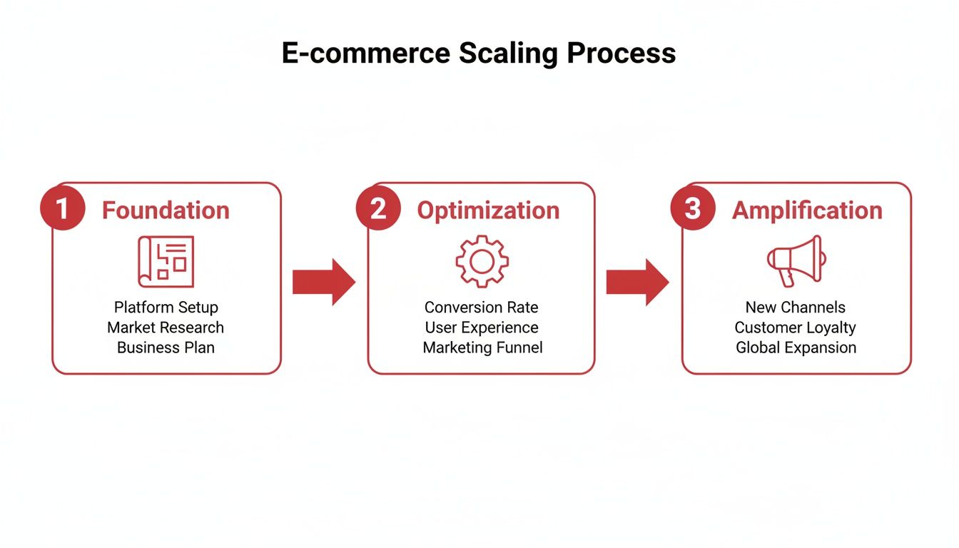 A diagram illustrating the 3-step e-commerce scaling process: Foundation, Optimization, and Amplification.