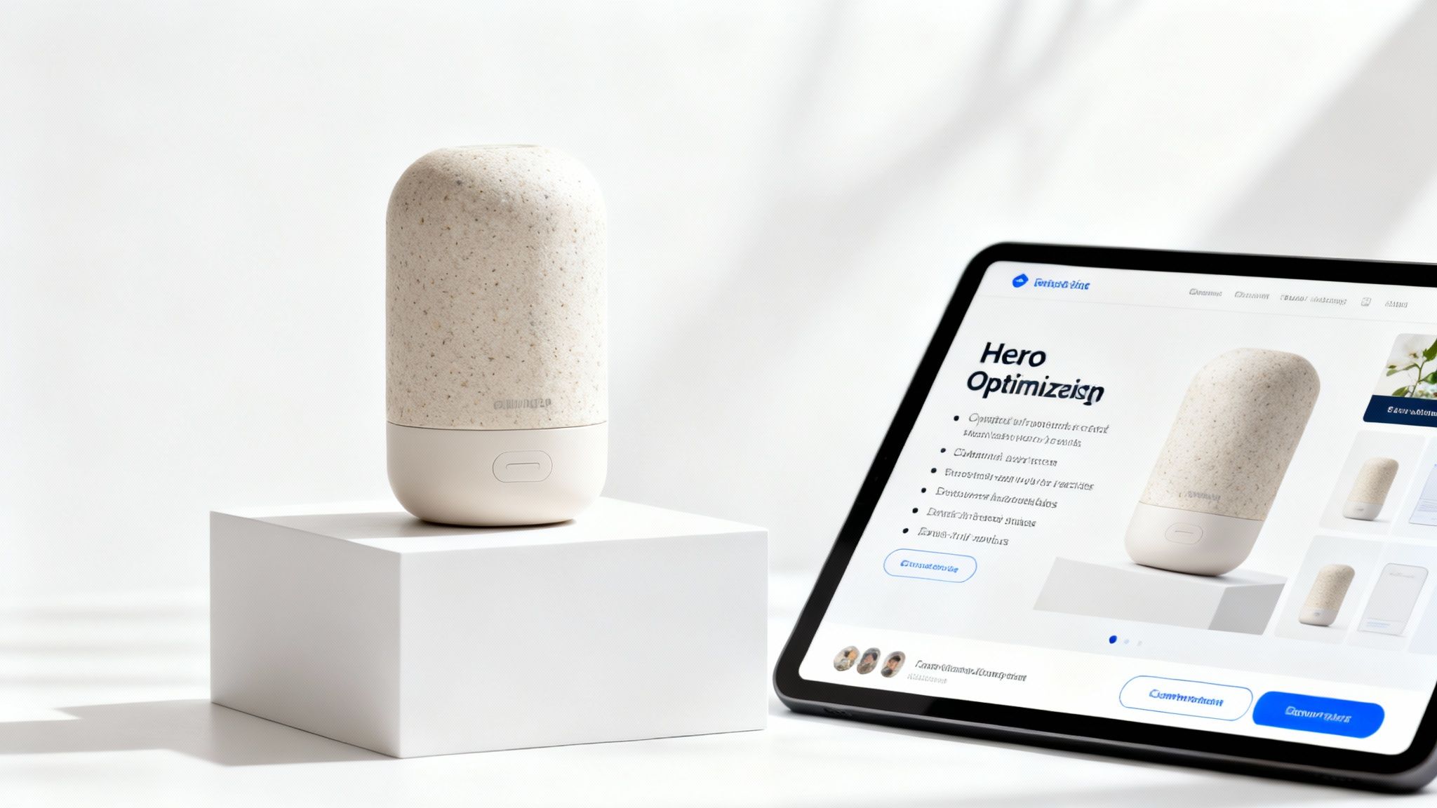 A beige, cylindrical smart device on a white pedestal next to a tablet displaying its product page.