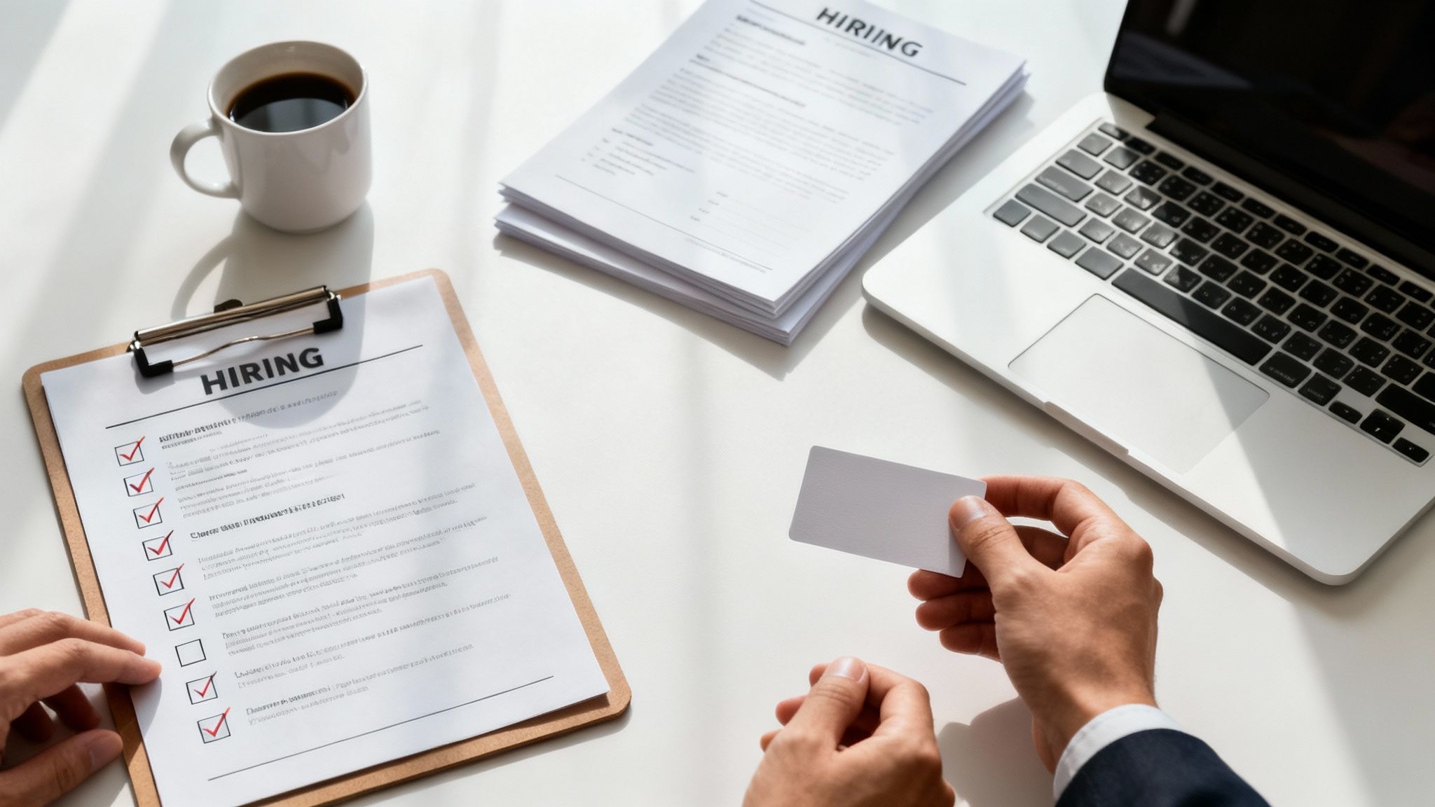 Overhead view of a desk with hiring documents, a laptop, coffee, and hands holding a blank card.