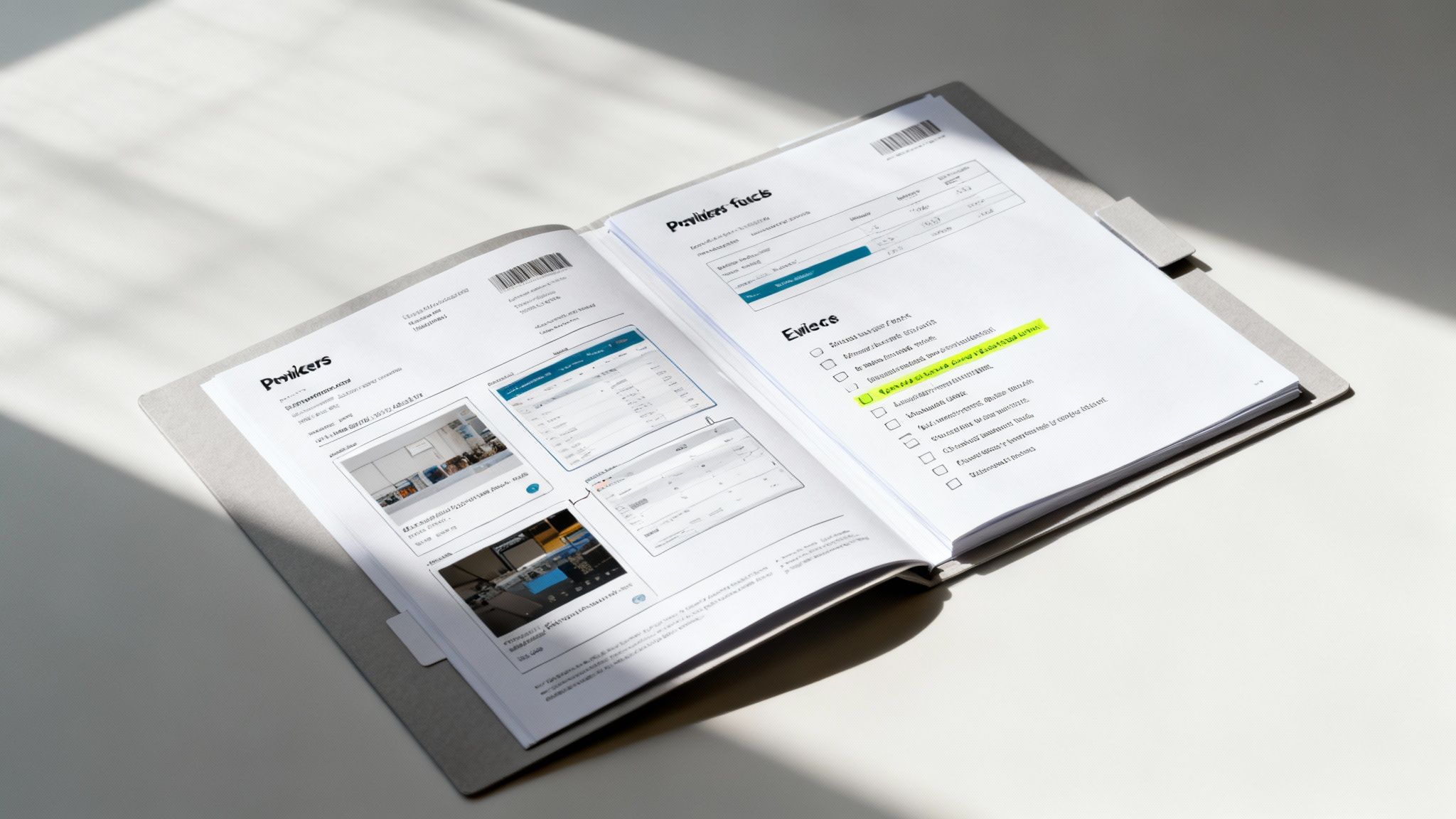 An open magazine or booklet displays text, charts, and images on a light grey surface, with a section highlighted.