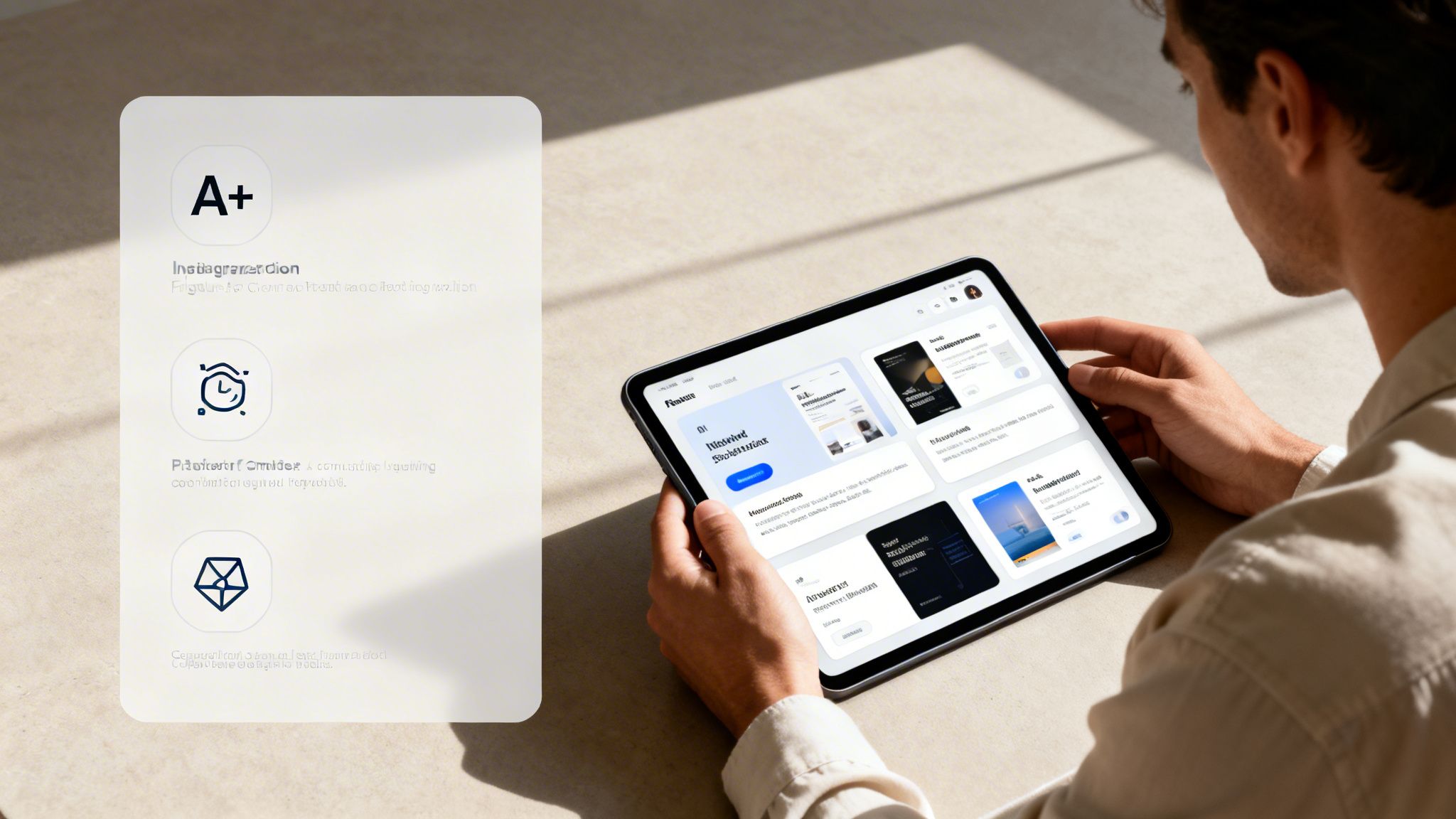 A man holds a tablet displaying a white interface, with a white card showcasing icons and text beside it.