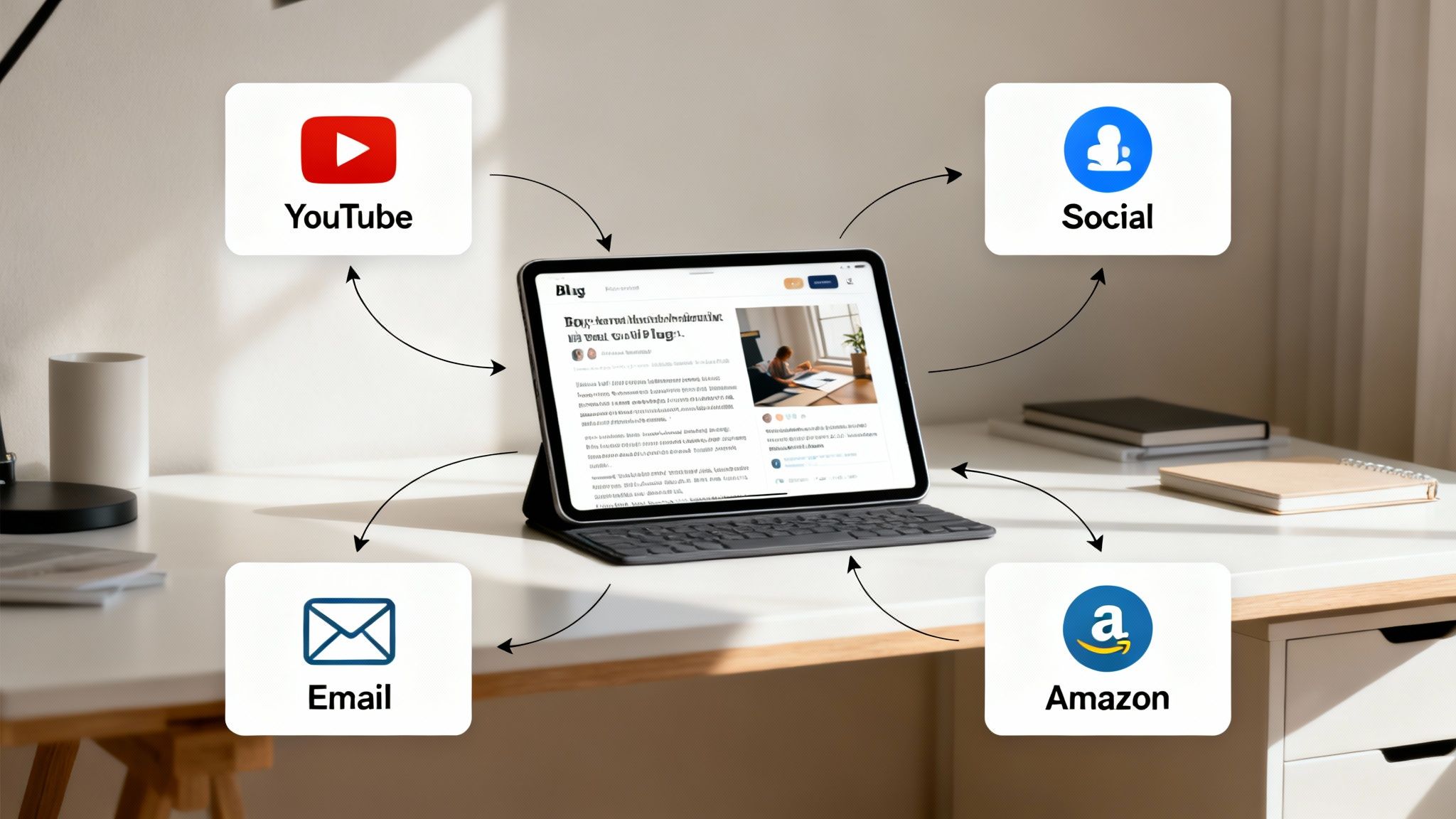 A tablet showing a blog post is surrounded by icons for YouTube, Social, Amazon, and Email, connected by arrows, illustrating content distribution.