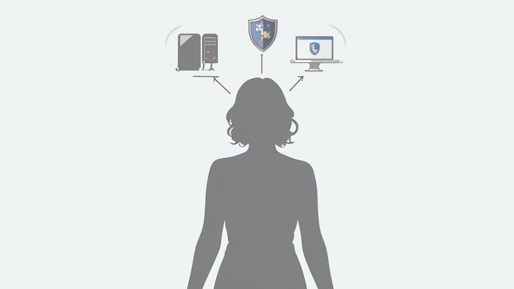 A person's silhouette connected to computers, a security shield, and secure communication devices.