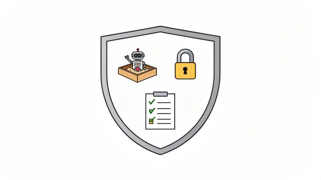 A shield icon containing a robot in a sandbox, a padlock, and a compliance checklist with checkmarks.