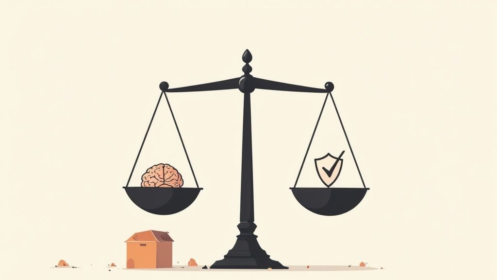 An illustration of a perfectly balanced scale weighing a human brain against a security shield with a checkmark.