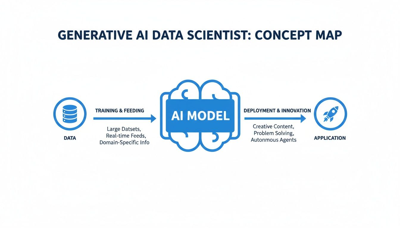 Concept map showing the workflow of a generative AI data scientist from data to AI model to application.