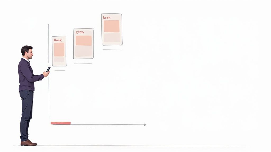 A man reviews three digital cards labeled 'hook' and 'CTAS' on a progression graph.
