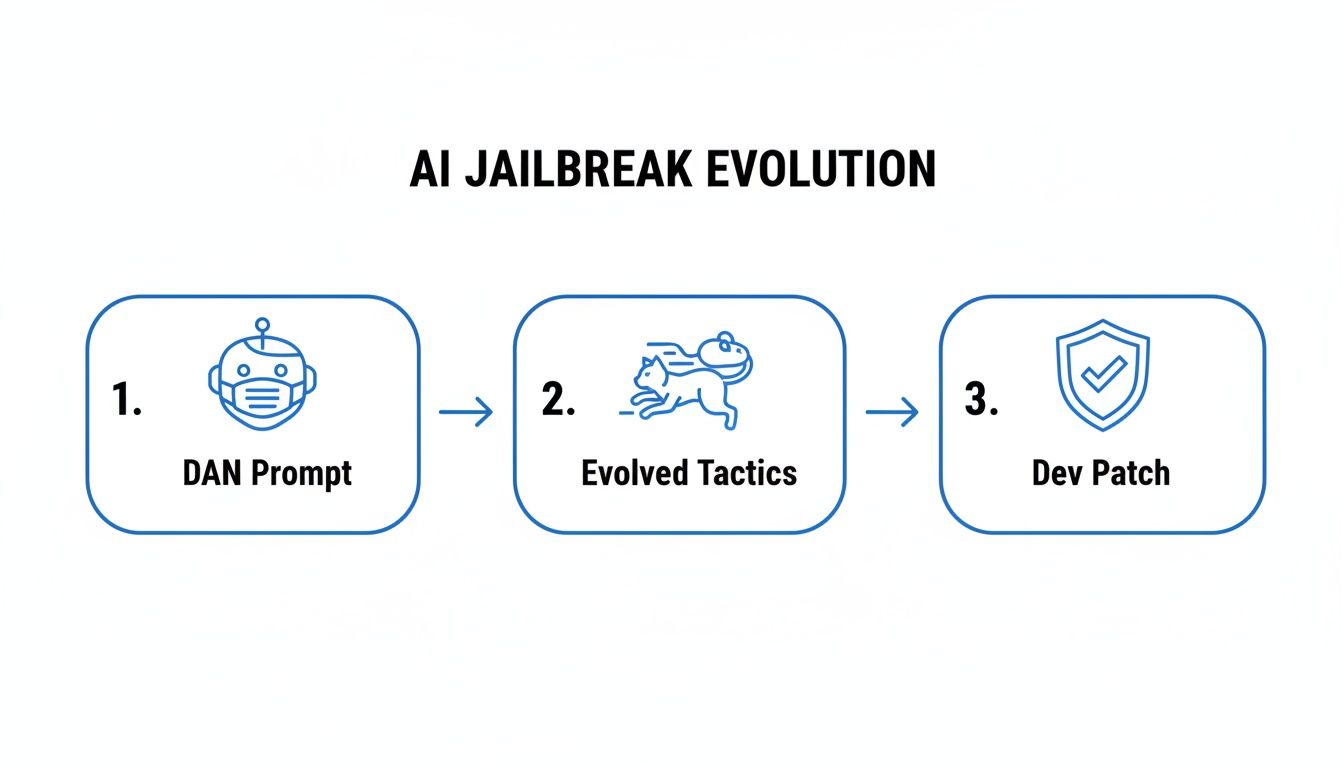 A diagram illustrating the evolution of AI jailbreaks: DAN prompt, evolved tactics, and dev patch.