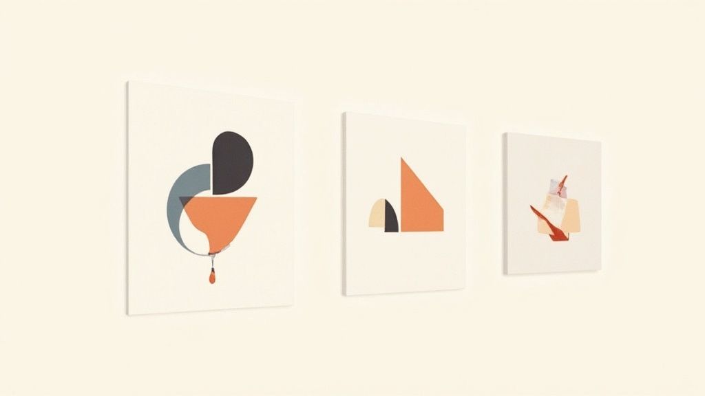 Three minimalist abstract art prints with geometric shapes in muted colors on a light wall.