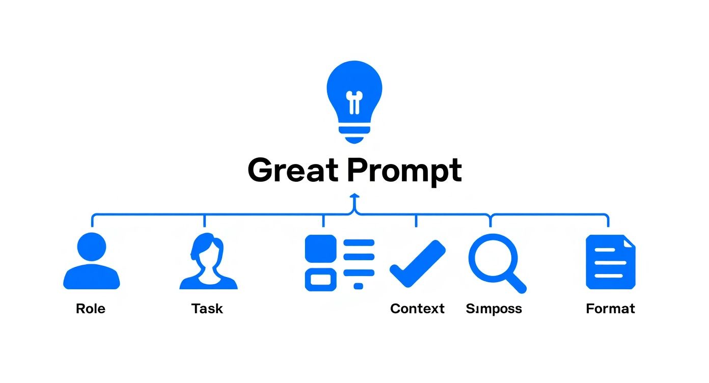 A blue diagram titled 'Great Prompt' illustrating key elements: Role, Task, Context, Simposs, and Format.
