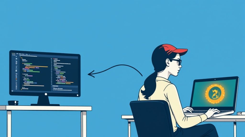 A person coding on a laptop, with an arrow pointing to a larger monitor displaying code.