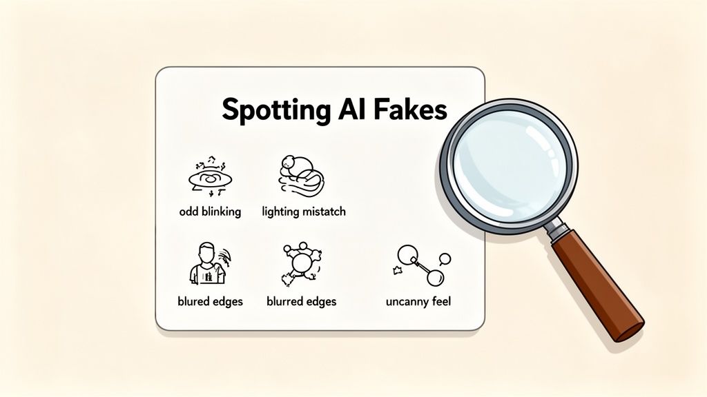 An illustration showing tips for spotting AI fakes, including odd blinking, lighting mismatch, and blurred edges, with a magnifying glass.