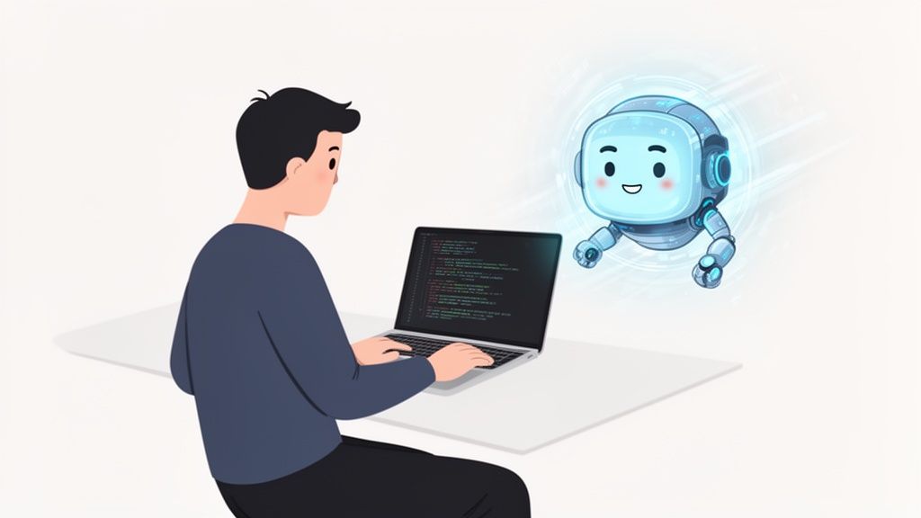 A person types code on a laptop, receiving assistance from a friendly, smiling AI robot.