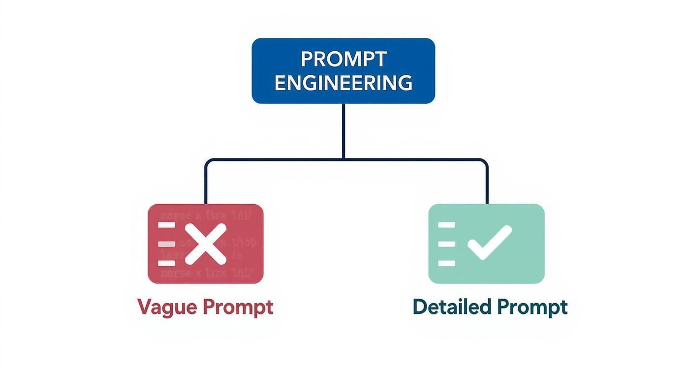 Diagram illustrating prompt engineering, differentiating between vague prompts (cross icon) and detailed prompts (checkmark icon).