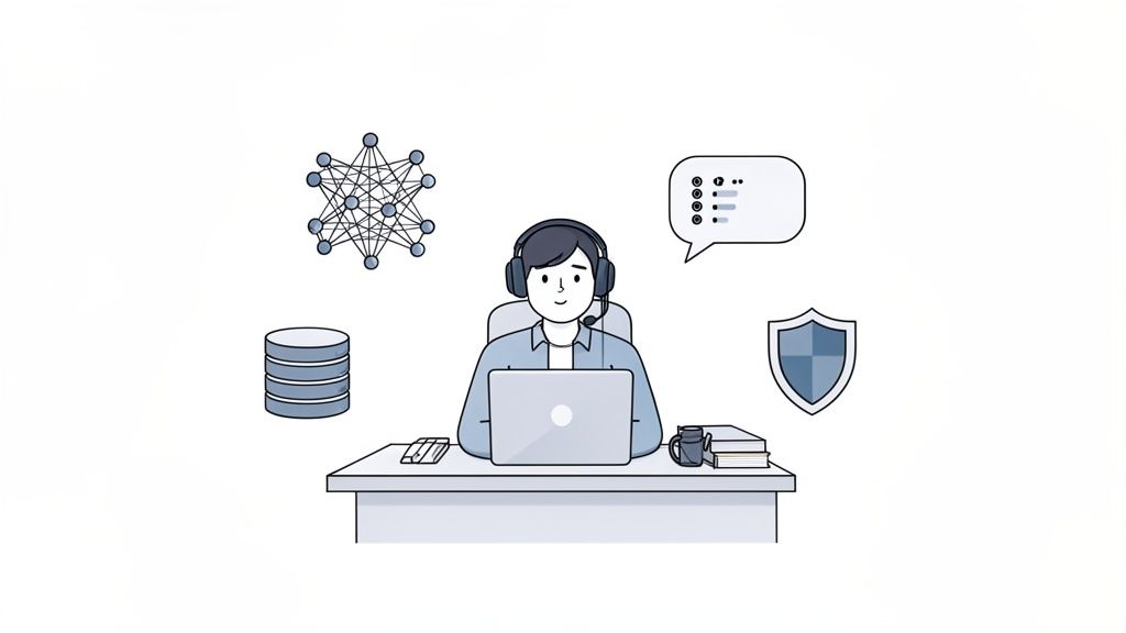 An illustration of a person with a headset working on a laptop, surrounded by data, AI, chat, and security icons.