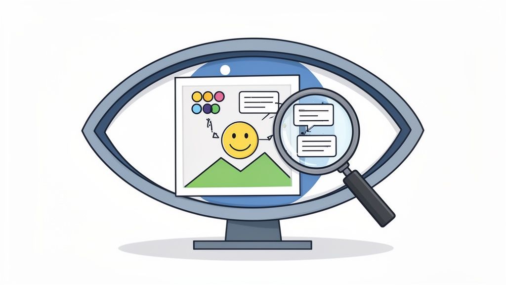 An illustrative image of an eye shaped like a computer monitor, showing content analysis with a magnifying glass examining a document displaying a smiley, mountains, and text.