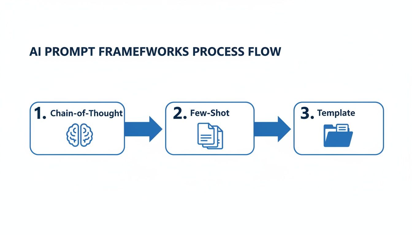 A flowchart illustrating the AI prompt frameworks process flow with three steps: Chain-of-Thought, Few-Shot, and Template.