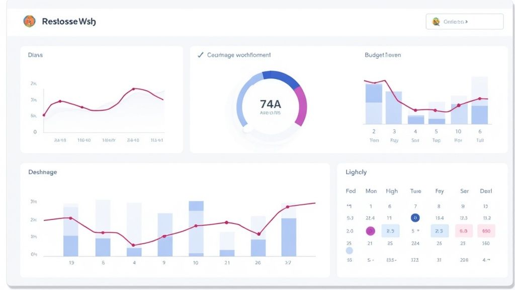 Dashboard showing analytics graphs with subscription metrics, budget trends, and performance data visualization