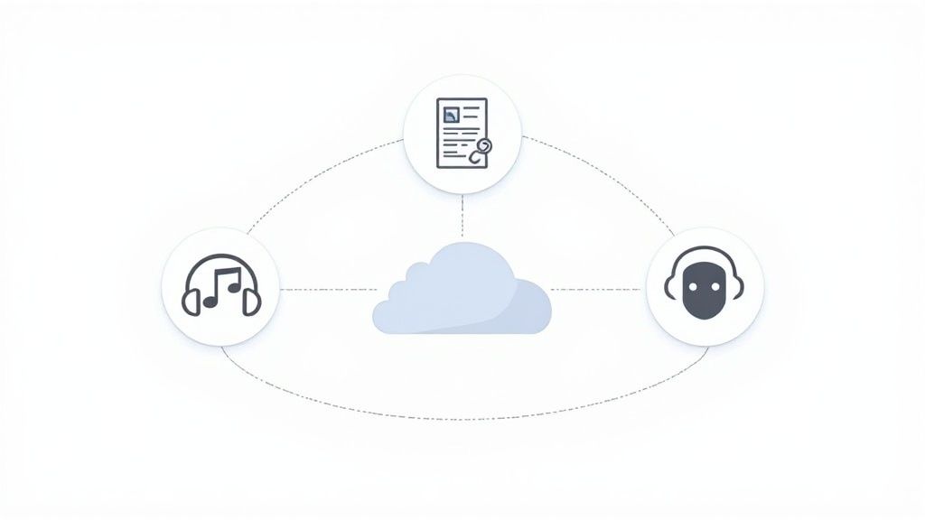An illustration showing various applications of embeddings, such as music recommendation, search results, and chatbot interactions, connected to a central brain icon.