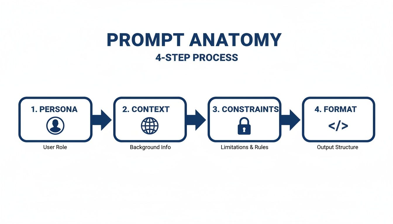 A diagram illustrates the 4-step prompt anatomy process: Persona, Context, Constraints, and Format.