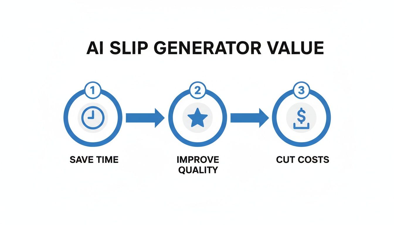 Infographic showing the value of an AI Slip Generator: Save Time, Improve Quality, and Cut Costs.