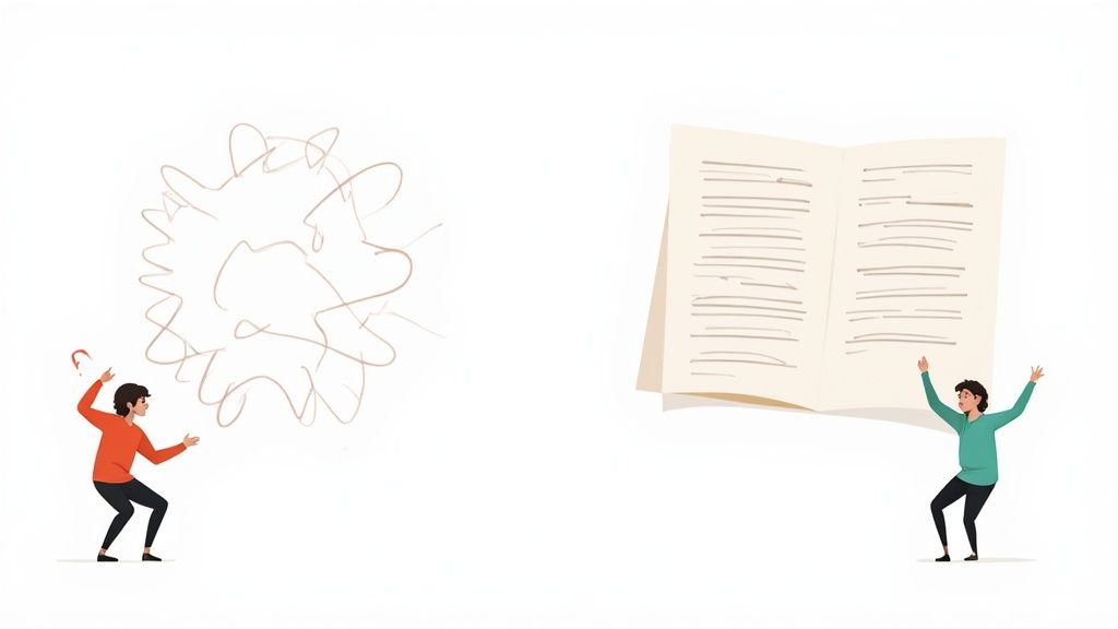 Illustration contrasting a confused person with tangled thoughts and a happy person with clear, organized ideas.