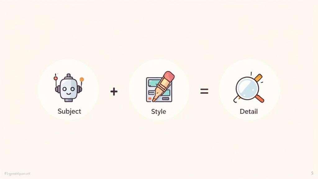 A diagram showing Subject (robot) + Style (pencil on screen) = Detail (magnifying glass) for AI prompting.