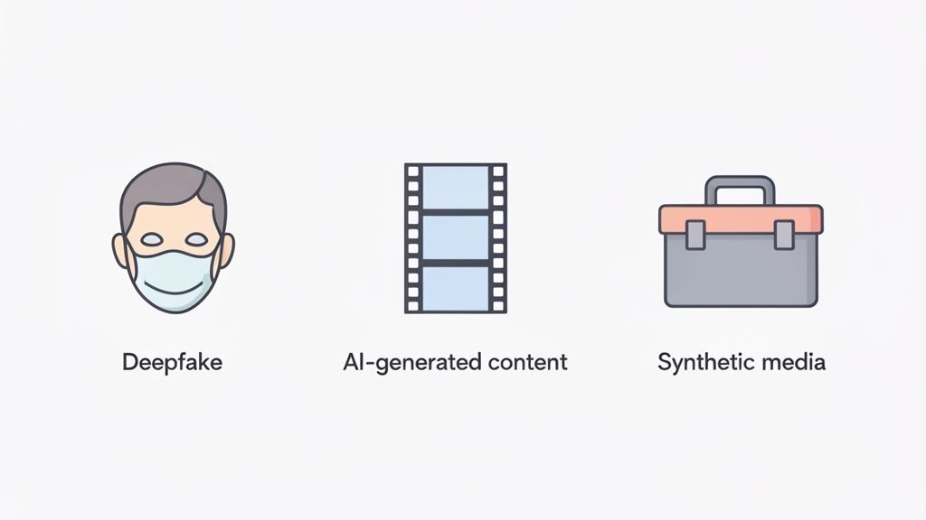 Icons representing deepfake (masked face), AI-generated content (film strip), and synthetic media (toolbox).