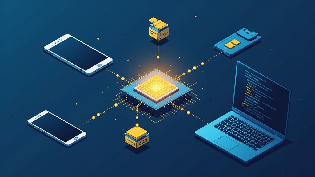 A conceptual image showing a brain-like neural network integrated with all-day devices like phones and smart home hubs, representing on-device AI.