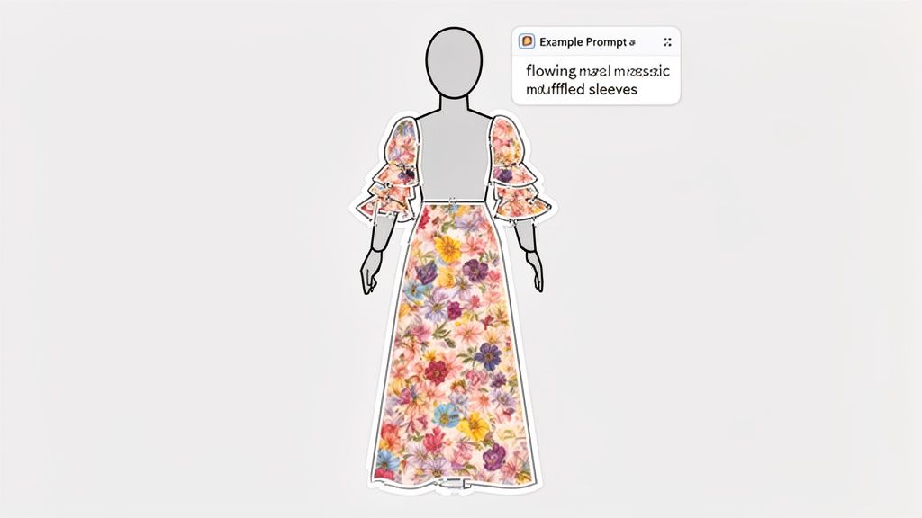 A sketch of a mannequin modeling a vibrant floral dress with elegant ruffled sleeves.