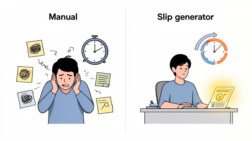 A cartoon compares manual work (stressed person, messy notes) with using a slip generator (calm person, efficient digital process).