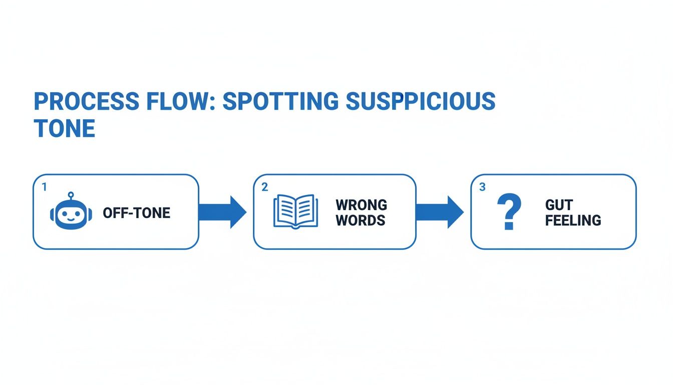 A process flow diagram showing three steps to spot suspicious tone: off-tone, wrong words, and gut feeling.