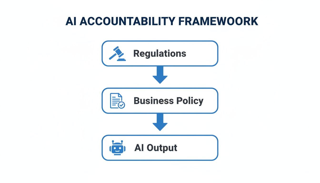 Flowchart illustrating an AI Accountability Framework, from Regulations to Business Policy guiding AI Output.