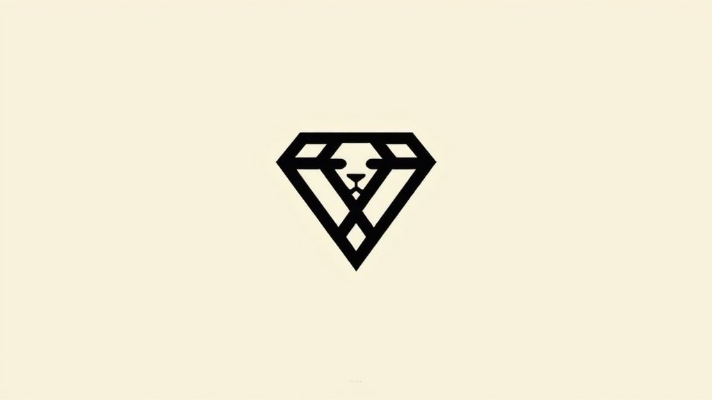 Minimalist black line art logo featuring a stylized lion's face within a diamond shape.