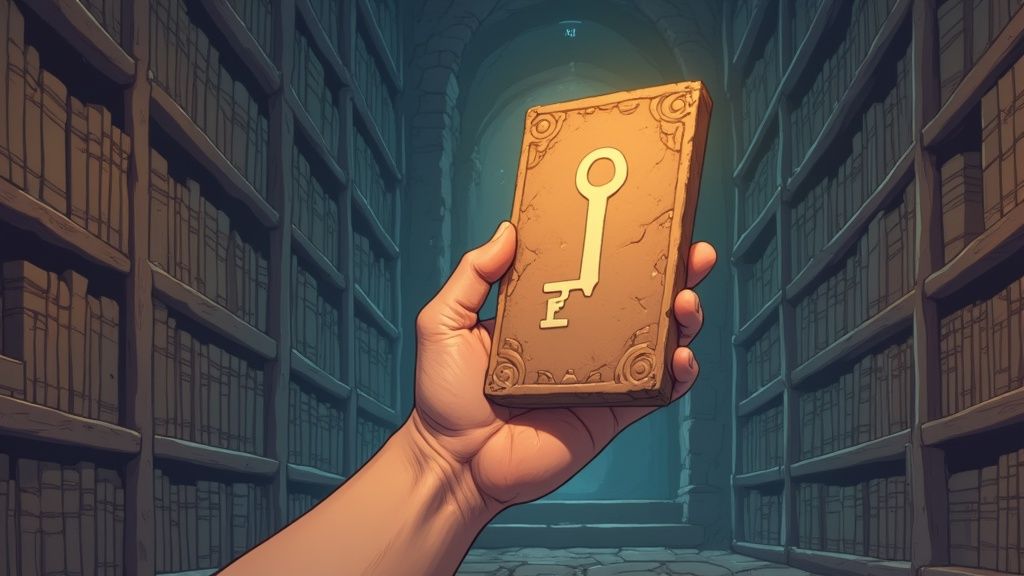 A hand holds an ancient tablet with a prominent key symbol in a mysterious, dimly lit library.
