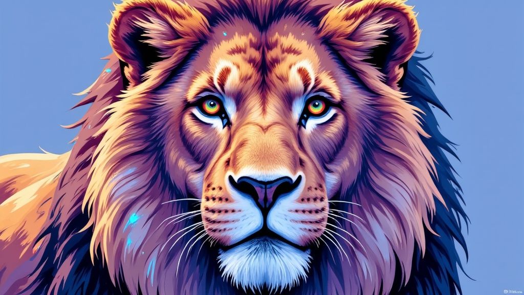Close-up illustration of a majestic lion's face with a colorful, flowing mane and vibrant eyes.