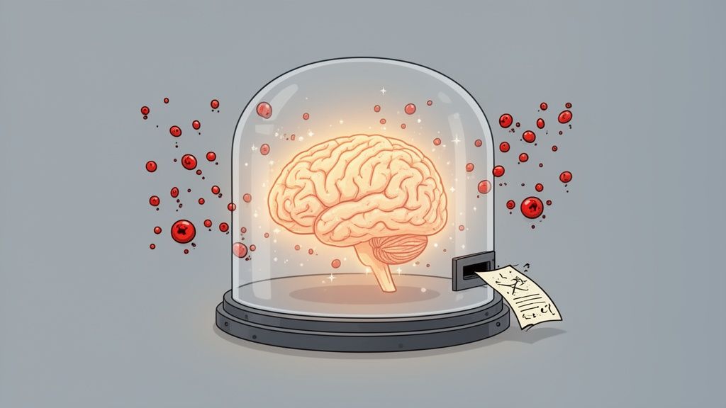 An illuminated brain under a glass cloche, with red droplets and a paper exiting a slot.