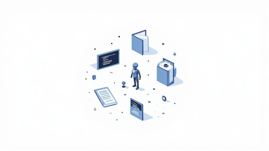 An isometric illustration of a blue robot surrounded by digital assets, including a screen, book, tablet, and server.