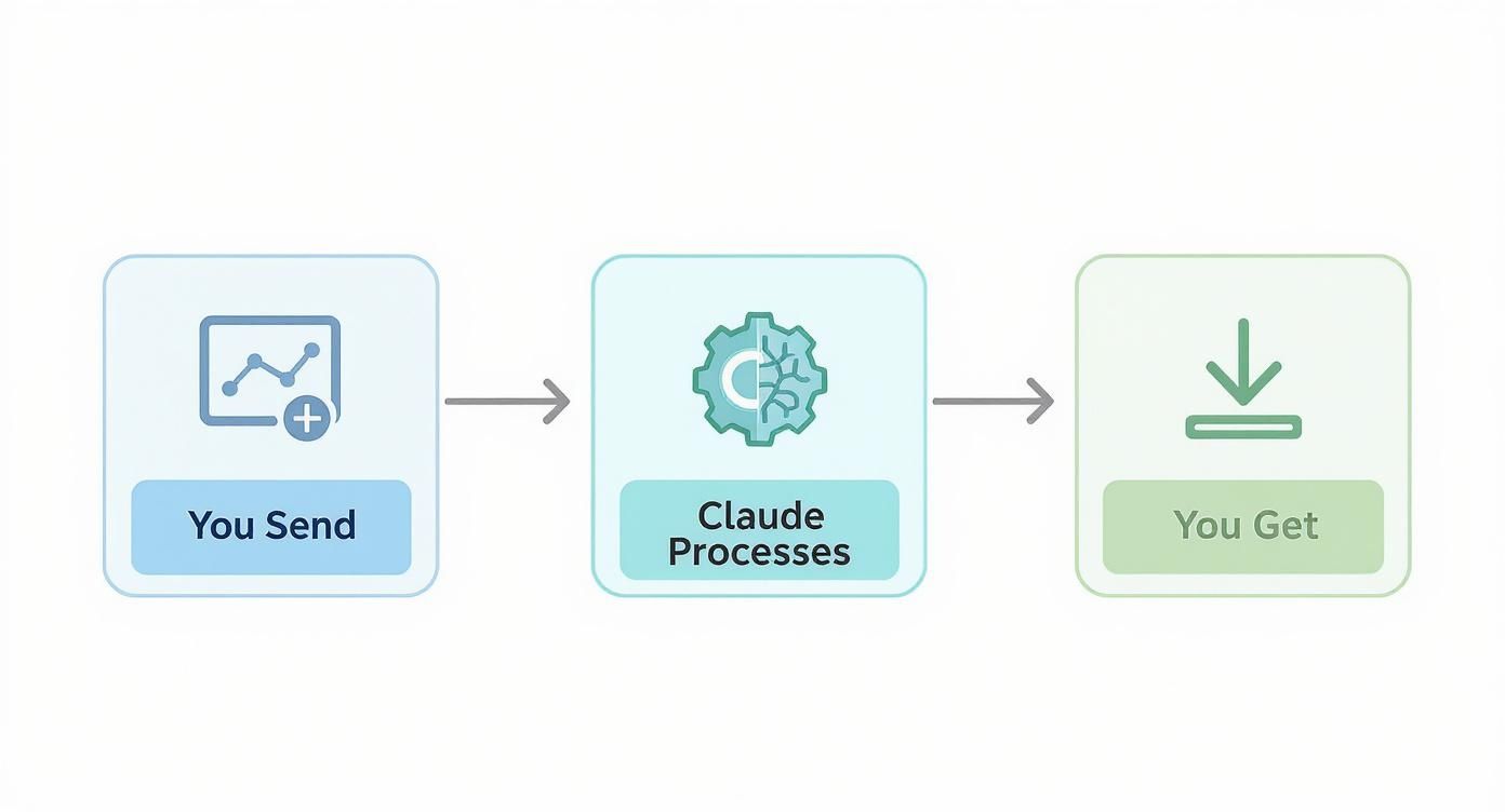 Workflow diagram showing three steps: you send data, Claude processes it, you get results
