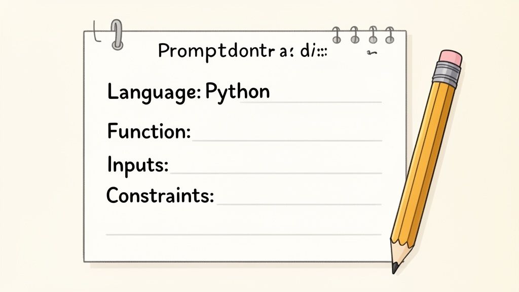 A notepad with 'Promptdontra' title and Python language specified for a coding function definition, next to a pencil.